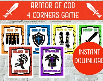 May include: A set of six colorful printable cards with black and white illustrations of the armor of God. The cards feature the helmet of salvation, breastplate of righteousness, belt of truth, shield of faith, shoes of peace, and sword of the Spirit. The cards are designed for a 4 corners game. The text "INSTANT DOWNLOAD" is on a red circle.