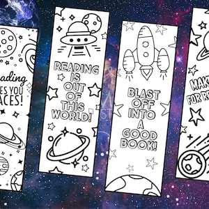 May include: Four black and white printable bookmarks with a space theme. The bookmarks feature planets, stars, rockets, and spaceships. The text on the bookmarks reads: "Reading takes you places!" "Reading is out of this world!" "Blast off into a good book!" and "Make space for reading."