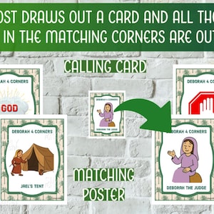 May include: A set of illustrated cards and a poster with the text "Deborah 4 Corners" and "Calling Card". The cards feature illustrations of God, Jael's tent, and Deborah the Judge. The poster reads "Matching Poster".