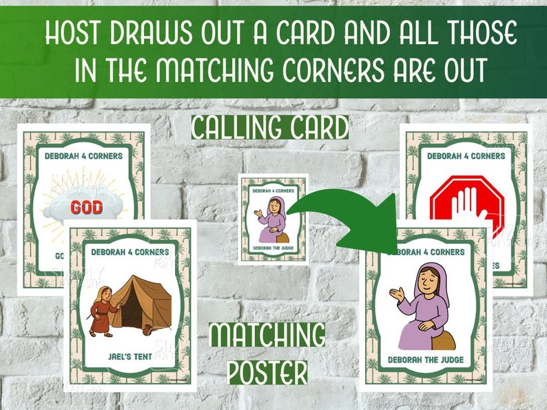 May include: A set of illustrated cards and a poster with the text "Deborah 4 Corners" and "Calling Card". The cards feature illustrations of God, Jael's tent, and Deborah the Judge. The poster reads "Matching Poster".