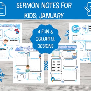May include: Four printable sermon note templates for kids with winter themes. Each template features a different design with a blue and white color scheme. The templates include sections for main idea, scripture, questions, and what I learned.