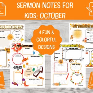 以下が含まれることがあります： 秋のテーマのデザインが施された、子供向けの印刷可能な説教ノートのテンプレートが4つあります。各ページには、主なアイデア、聖書、質問などのセクションが含まれています。ページのテキストには、「私の説教ノート」と「子供のための説教ノート：10月」と書いてあります。
