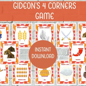 May include: A set of illustrated cards for the game "Gideon's 4 Corners." Each card features a different image and the words "Gideon's 4 Corners." The cards are arranged on a brick background with the words "Instant Download."