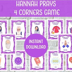Può includere: Un set di carte illustrate per il "Hannah Prays 4 Corners Game". Ogni carta presenta un'immagine e un testo diversi, tra cui "Hannah", "Baby Samuel" e "Dio". Le carte sono incorniciate in viola con un bordo bianco.