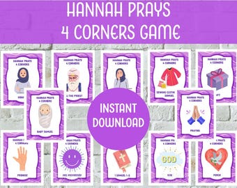 Puede incluir: Un conjunto de tarjetas ilustradas para el "Juego de las 4 esquinas de Hannah Prays". Cada tarjeta presenta una imagen y un texto diferentes, incluyendo "Hannah", "Baby Samuel" y "Dios". Las tarjetas están enmarcadas en púrpura con un borde blanco.