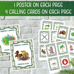 May include: A collection of printed cards and posters with the text "1 POSTER ON EACH PAGE" and "4 CALLING CARDS ON EACH PAGE". The cards and posters feature illustrations and the text "DEBORAH 4 CORNERS", "VICTORY", "CHARIOTS STUCK", and "GOD".