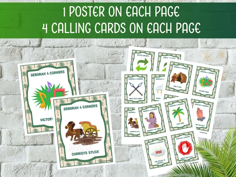 May include: A collection of printed cards and posters with the text "1 POSTER ON EACH PAGE" and "4 CALLING CARDS ON EACH PAGE". The cards and posters feature illustrations and the text "DEBORAH 4 CORNERS", "VICTORY", "CHARIOTS STUCK", and "GOD".