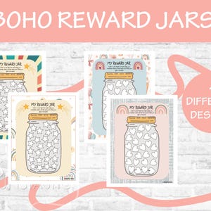 May include: Four printable reward jar designs with different themes. Each design features a mason jar with a variety of stars or hearts to color in. The text "My Reward Jar" is at the top of each design.
