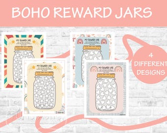 May include: Four printable reward jar designs with different themes. Each design features a mason jar with a variety of stars or hearts to color in. The text "My Reward Jar" is at the top of each design.