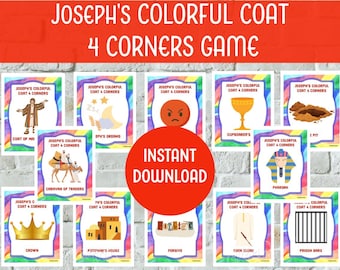 Joseph's Colorful Coat 4 Corners Bible Game (Printable) Bible Lesson Activity for Elementary Preschool Students, Joseph Action Game & Story