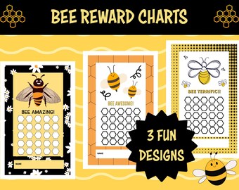 May include: Three printable bee-themed reward charts with a honeycomb design. Each chart features a different bee illustration and the text "Bee Amazing!", "Bee Awesome!" and "Bee Terrific!" The charts have a space for a name and a grid of 36 circles to color in.