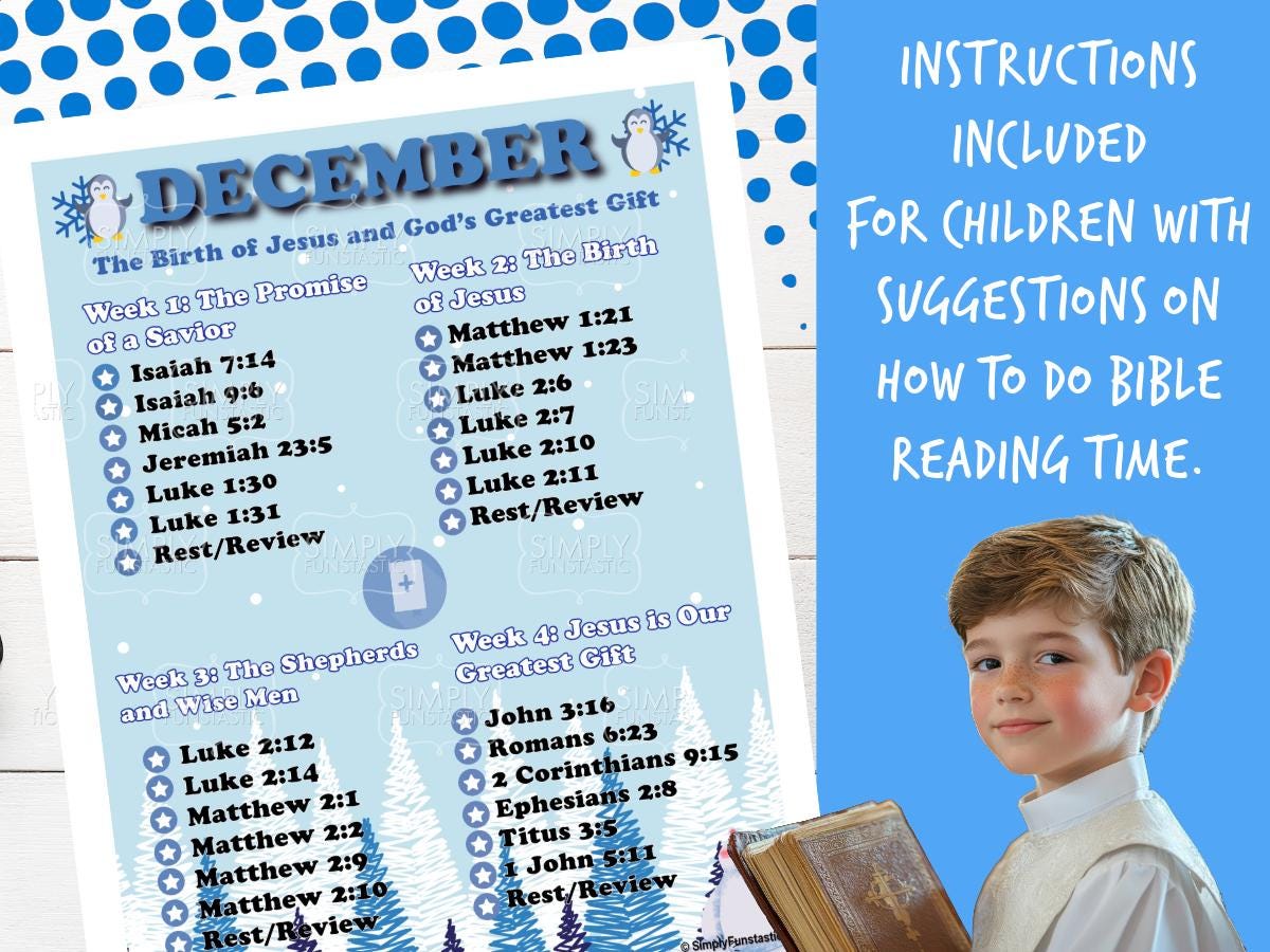December 7 Scripture December Kids' Bible Reading Plan: Christmas Scripture Chart (digital ...
