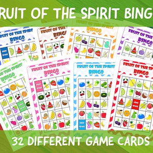 Bingo Fruto del Espíritu / Juego bíblico / Bingo bíblico / Bingo cristiano / Juego de escuela dominical / 32 tarjetas / Descarga instantánea / Impresión propia