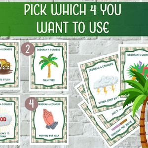May include: Cards with illustrations and text, including a palm tree, a chariot, and praying hands. The text reads "Pick Which 4 You Want to Use" and "Deborah 4 Corners". The cards are on a white brick background.