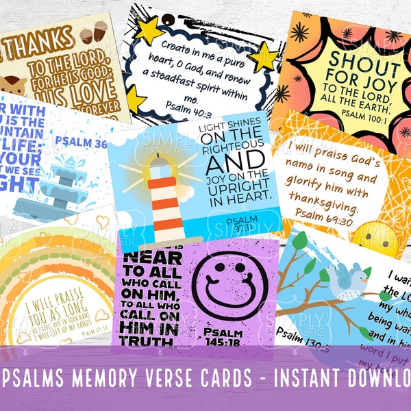 30 Kids Scripture Cards Psalms | Children's Memory Verse Cards | Bible Verse Cards | Bible Lunch box Notes | Kids Lunchbox Note | Download