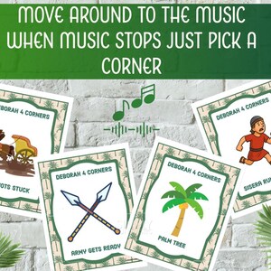 May include: A set of illustrated cards for a game called "Deborah 4 Corners." The cards feature images of a chariot, crossed spears, a palm tree, and a person running. The text at the top says "Move around to the music when music stops just pick a corner."