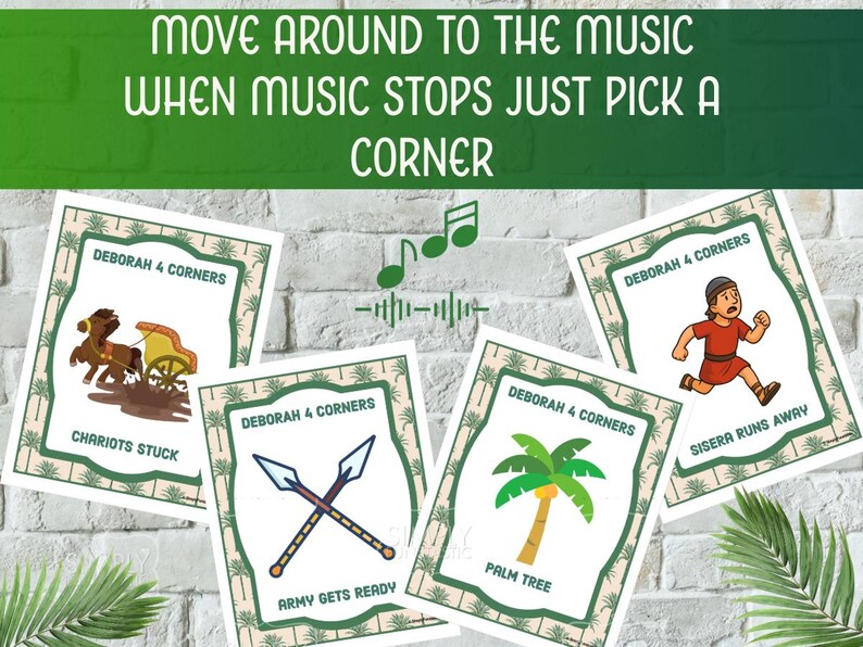 May include: A set of illustrated cards for a game called "Deborah 4 Corners." The cards feature images of a chariot, crossed spears, a palm tree, and a person running. The text at the top says "Move around to the music when music stops just pick a corner."