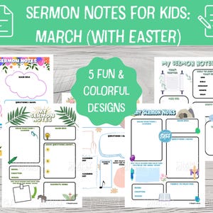 May include: Five printable designs for sermon notes for kids. Each page features a different colorful design with space for writing notes, drawing, and questions. The designs include a heart, a lightbulb, a scroll, a musical note, and a cross.