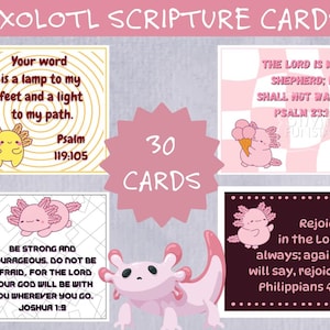Cartões de Escrituras Axolotl para Crianças – Encorajando a Fé com Diversão e Inspiração, Notas para Lancheiras, Prompts de Memória Cristã, Versículos para Imprimir