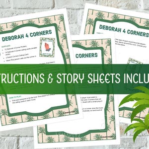 May include: Printed game sheets for "Deborah 4 Corners" with instructions and story sheets included. The sheets have a green and white tropical design with palm trees. The text "INSTRUCTIONS & STORY SHEETS INCLUDED" is across the image.