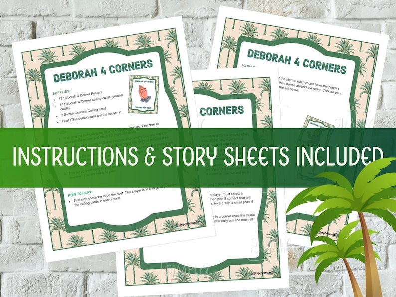 May include: Printed game sheets for "Deborah 4 Corners" with instructions and story sheets included. The sheets have a green and white tropical design with palm trees. The text "INSTRUCTIONS & STORY SHEETS INCLUDED" is across the image.