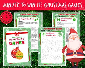 May include: A set of 40 Christmas Minute to Win It game cards with red and green borders. The cards feature a variety of games, including "Jingle in the Trunk", "Christmas Ball Bounce", and "Christmas Cookie Face".