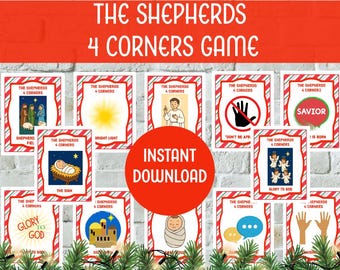 May include: A collection of illustrated cards for "The Shepherds 4 Corners Game" with a red and white border. The cards depict scenes of shepherds, a bright light, a baby in a manger, and the text "Instant Download".