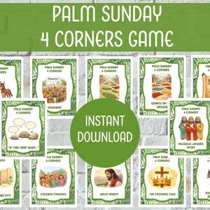 May include: A collection of illustrated cards for a Palm Sunday 4 Corners game. Each card features a different scene or element related to the biblical story, with text such as "Hosanna" and "Jesus Weeps". The words "Instant Download" are also visible.