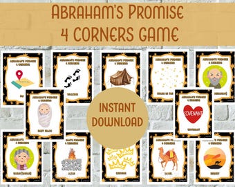 Puede incluir: Un conjunto de tarjetas ilustradas para el "Juego de las 4 esquinas de la Promesa de Abraham". Cada tarjeta presenta una escena o símbolo diferente, incluyendo un mapa, huellas, una tienda de campaña, estrellas y un bebé. Se lee "Descarga instantánea".