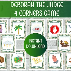 May include: A collection of illustrated cards for the "Deborah the Judge 4 Corners Game." Each card features a different image and text, including a palm tree, a storm, and the word "Peace." A green circle in the center says "Instant Download."