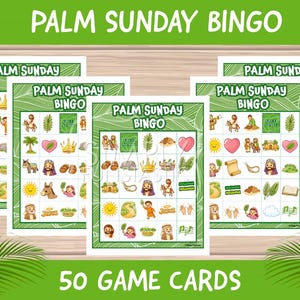 Puede incluir: Un conjunto de tarjetas de Bingo del Domingo de Ramos con un diseño verde y blanco. Las tarjetas presentan ilustraciones de símbolos religiosos y el texto "Palm Sunday Bingo". La imagen también incluye el texto "50 Game Cards".