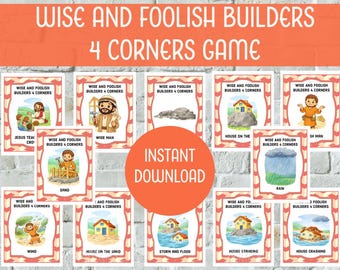 Wise and Foolish Builders 4 Corners Game: Bible Story Printable Digital Download Parable Bible Lesson Activity Elementary Preschool VBS