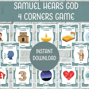 May include: A collection of illustrated cards for a "Samuel Hears God 4 Corners Game". Each card features a different image and word, including "Temple", "Bed", "Obey", and "God". The words "Instant Download" are in the center.