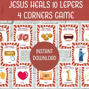 May include: A set of illustrated cards for a game, featuring the text "JESUS HEALS 10 LEPERS 4 CORNERS GAME." Each card has a red and white border and depicts various religious themes, including Jesus, numbers, and symbols.