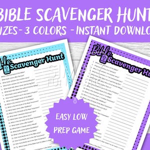 May include: Two printable Bible Scavenger Hunt game sheets. One sheet has a blue border, the other a purple border. The text on the sheets includes questions about the Bible. The top text reads "BIBLE SCAVENGER HUNT".
