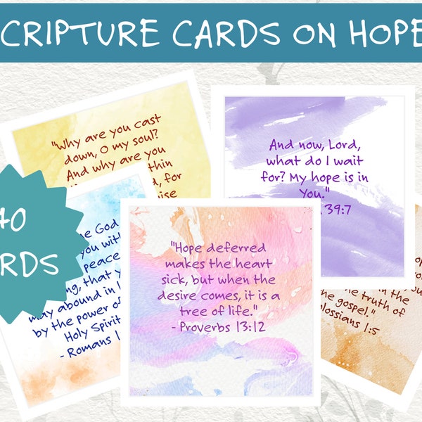 40 Watercolor Hope Scripture Cards, Printable Bible Verse Cards, Hope Bible Verse Cards, Christian Encouragement Notes, Bible Memory Cards