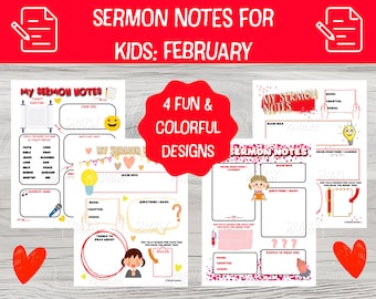 Kids Sermon Notes: February Church Printable (PDF Download) Colorful Sermon notes for Children, Bible Note Taking Template Sunday services