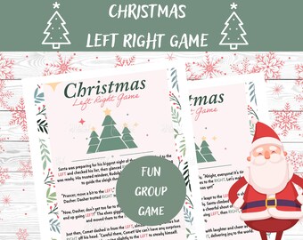 May include: A printable Christmas-themed left and right game with instructions for a fun group game. The game features a festive pink background with a green Christmas tree and the text "Christmas Left Right Game".