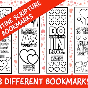 Kleur je bladwijzers, hou van bijbelverzen, bladwijzers voor Valentijnsteksten, christelijke geschriften kleurplaten Valentijnskaarten cadeaukaartjes, kleurplezier