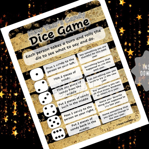 New Year's Dice Game, New Years Game, New Year’s Party, Printable New Year’s Eve Game, Download, Candy Dice Game, New Year’s Eve Party game
