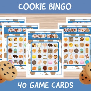 May include: A set of 40 printable cookie bingo cards. Each card features a 5x5 grid with images of different types of cookies. The cards are printed on white paper with blue and brown accents. The text "COOKIE BINGO" is printed at the top of each card. The text "40 GAME CARDS" is printed at the bottom of the image.