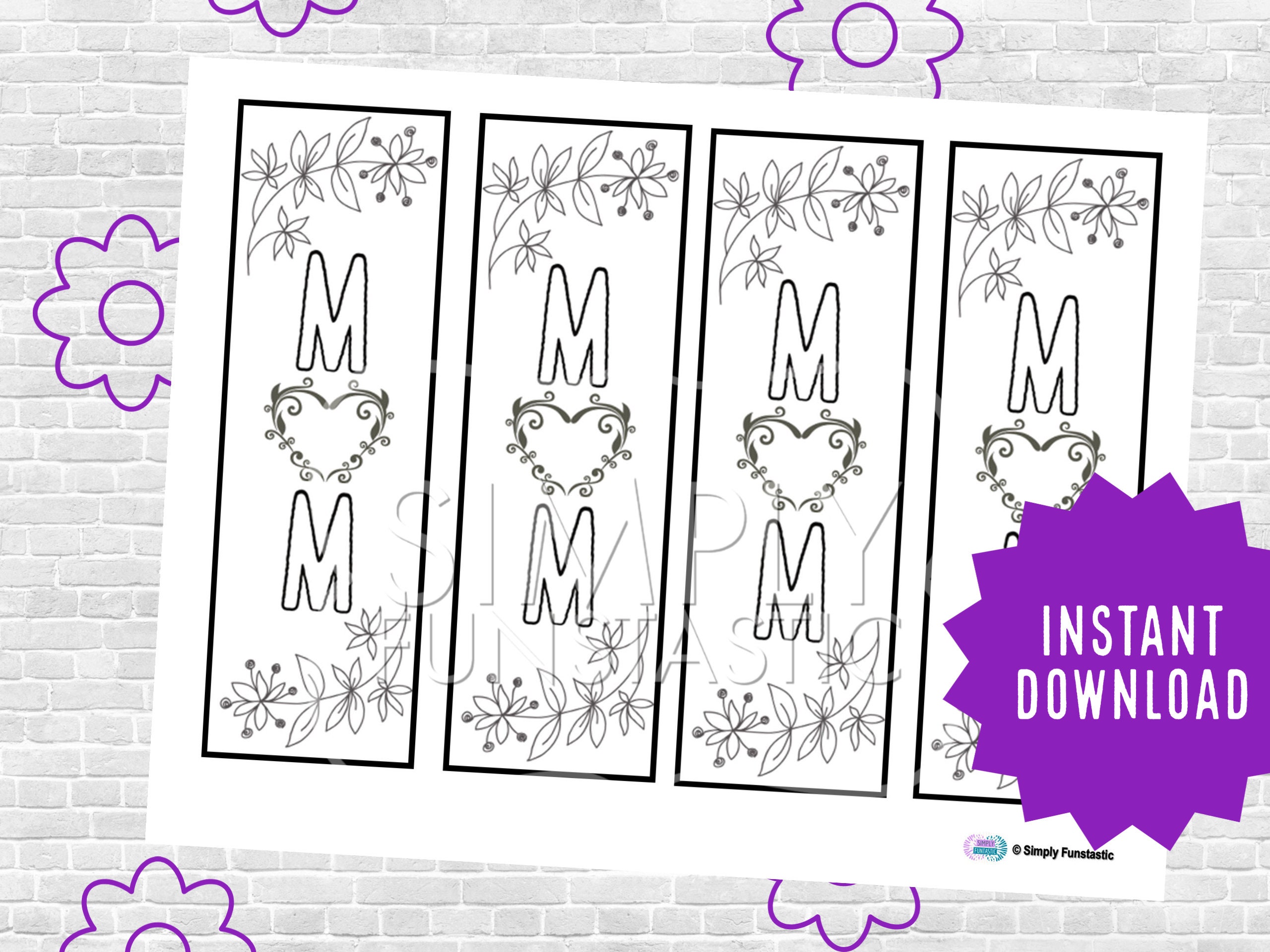 Whimsical Mother's Day Coloring Bookmarks Set of 4 for Mom Instant
