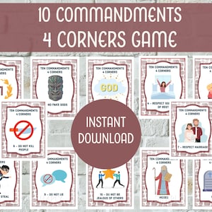 Peut inclure: Cartes imprimables du jeu des Dix Commandements à 4 coins avec illustrations et texte. Les cartes sont sur un fond de mur en briques. Les cartes sont pour un jeu religieux.