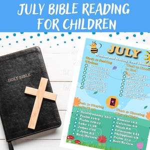 Piano di lettura biblica quotidiana di luglio per bambini, piano biblico di luglio per bambini con istruzioni e pagina di diario, tabella biblica per bambini, versetto al giorno