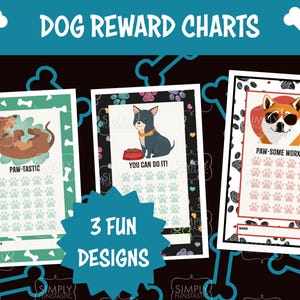 Op de afbeelding: Drie printbare hondenbeloningstabellen met potafdrukdesigns. De tabellen tonen verschillende hondenrassen en motiverende zinnen zoals "Paw-Tastic", "You Can Do It!" en "Paw-Some Work!"