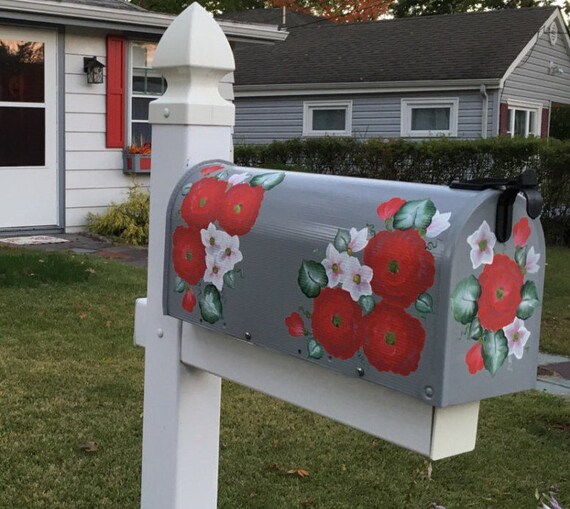 Gray Post Mailbox With Red And White Flowers Hand Painted Etsy
