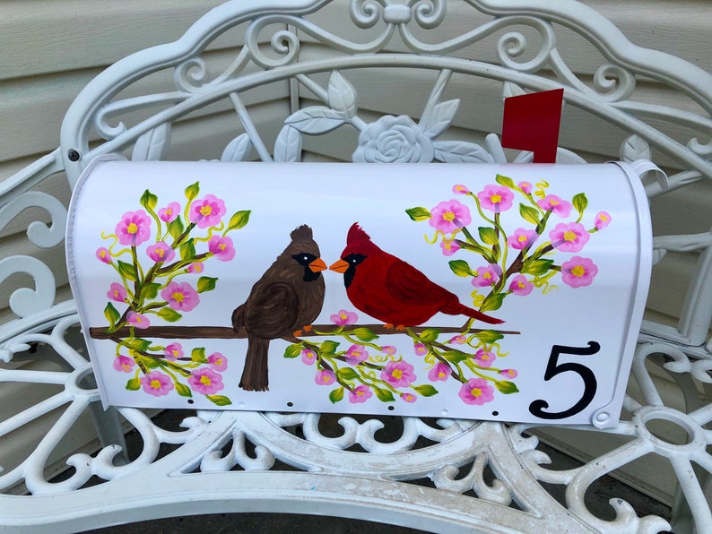 Hand Painted Cardinals Mailbox with pink cherry blossom Etsy