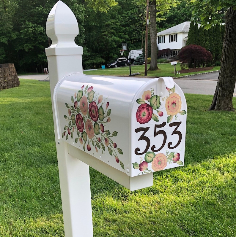 Hand Painted White Post Mailbox with burgundy and beige roses Etsy
