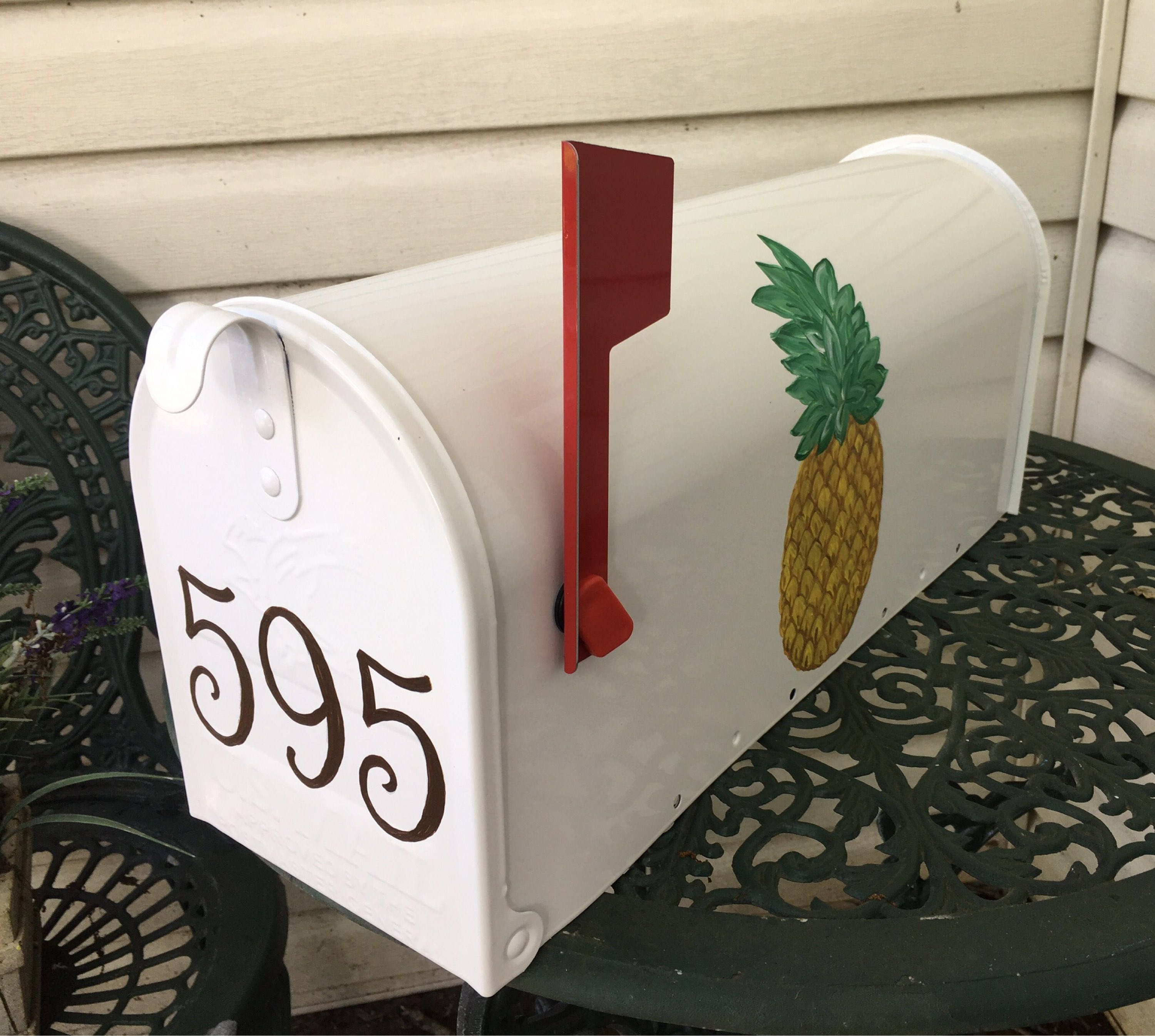 Hand Painted Pineapple Post Mailbox White Tropical Mailbox Etsy