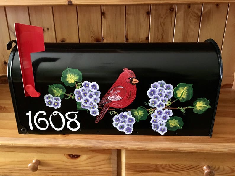 Cardinal Bird Hand Painted Mailbox with Purple Hydrangeas Etsy